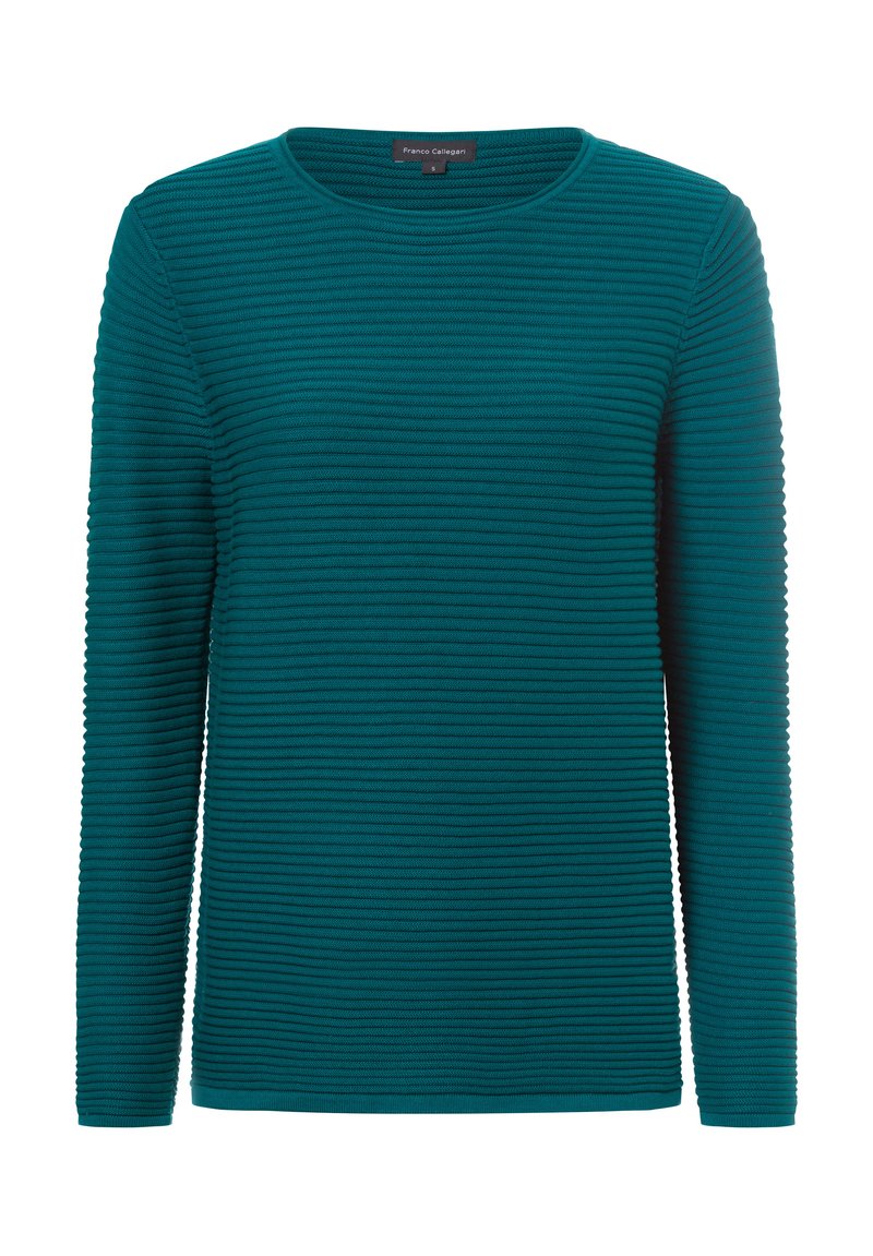 Türkiser Pullover mit langen Ärmeln, ribbeliger Textur und Rundhalsausschnitt. Schlichter, gerader Schnitt ohne sichtbare Verzierungen oder Muster.