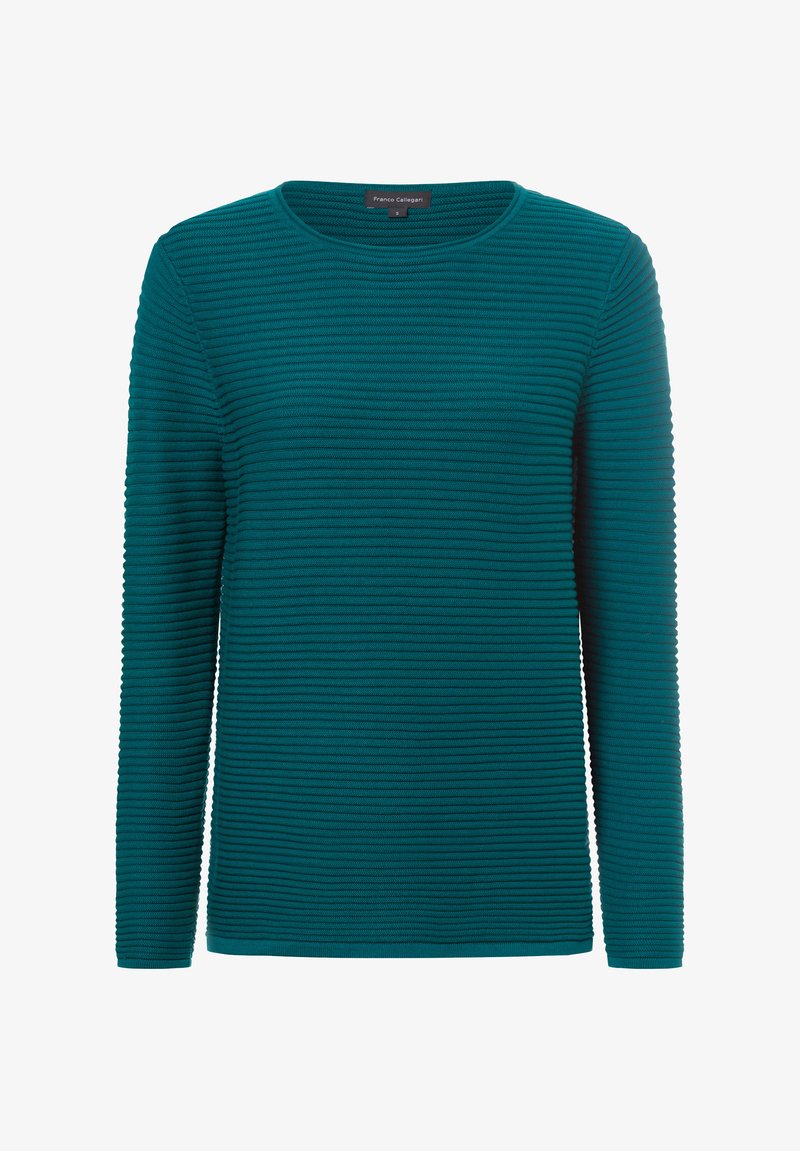 Türkiser Pullover mit langen Ärmeln, ribbeliger Textur und Rundhalsausschnitt. Schlichter, gerader Schnitt ohne sichtbare Verzierungen oder Muster.