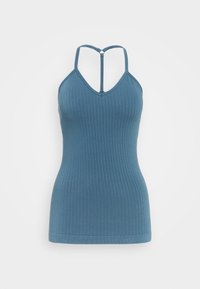 Wiązana top w odcieniu stonowanego niebieskiego, z dekoltem w kształcie litery V i cienkimi ramiączkami z krzyżującym się wzorem na plecach. Gładka tekstura i dopasowany krój.