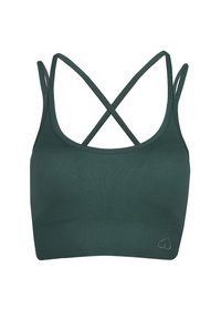 Zielony stanik sportowy wykonany z teksturowanej tkaniny, z krzyżowym plecami, wąskimi ramiączkami i subtelnym logo serca z boku.