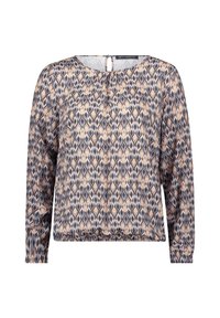 Blusa a maniche lunghe in tessuto leggero con motivo geometrico in toni di blu, beige e grigio, con chiusura a oblò sulla parte posteriore.