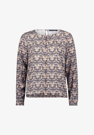 Langärmlige Bluse aus leichtem Stoff mit einem geometrischen Muster in Blau, Beige und Grautönen und einer Schlüssel-ausschnitt Rückenverschluss.