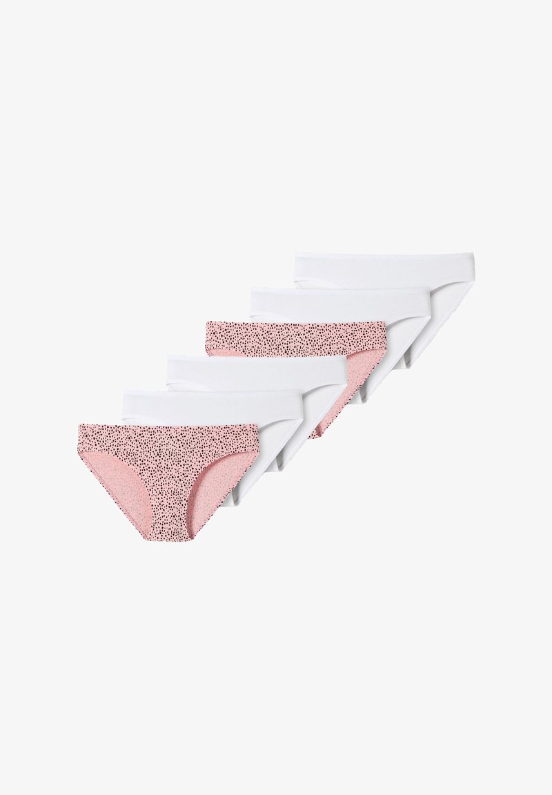 Five pairs of women's underwear: four in white and one with a light pink base and black dot pattern. Cotton material, mid-rise design.