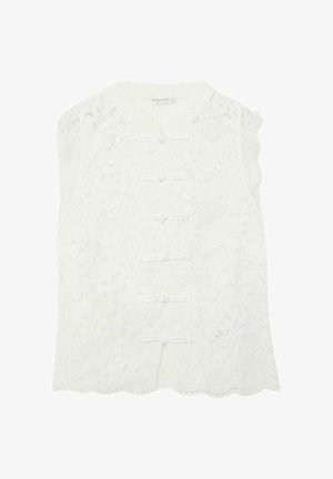 Biały koronkowy top bez rękawów z okrągłym dekoltem i sześcioma poziomymi ozdobnymi kokardkami z przodu.