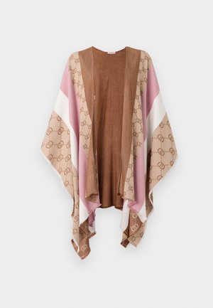 Kimono lungo e aperto davanti, in morbido marrone, rosa e bianco con un motivo a logo ripetuto. Tessuto leggero e design fluente.