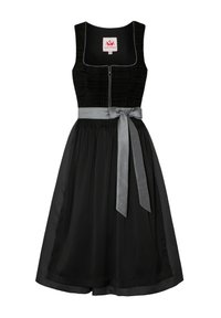 Schwarzes Kleid mit strukturiertem Oberteil, Reißverschluss vorne und ausgestelltem Rock. Verfügt über einen grauen Satin-Gürtel und kontrastierendes Material am Saum.