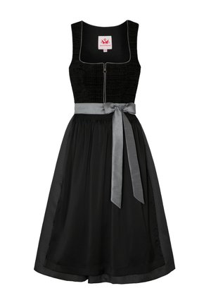 Schwarzes Kleid mit strukturiertem Oberteil, Reißverschluss vorne und ausgestelltem Rock. Verfügt über einen grauen Satin-Gürtel und kontrastierendes Material am Saum.