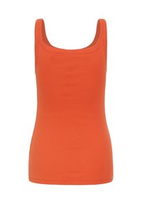 Débardeur ajusté sans manches en orange vif uni avec un col carré et une texture en tissu côtelé.