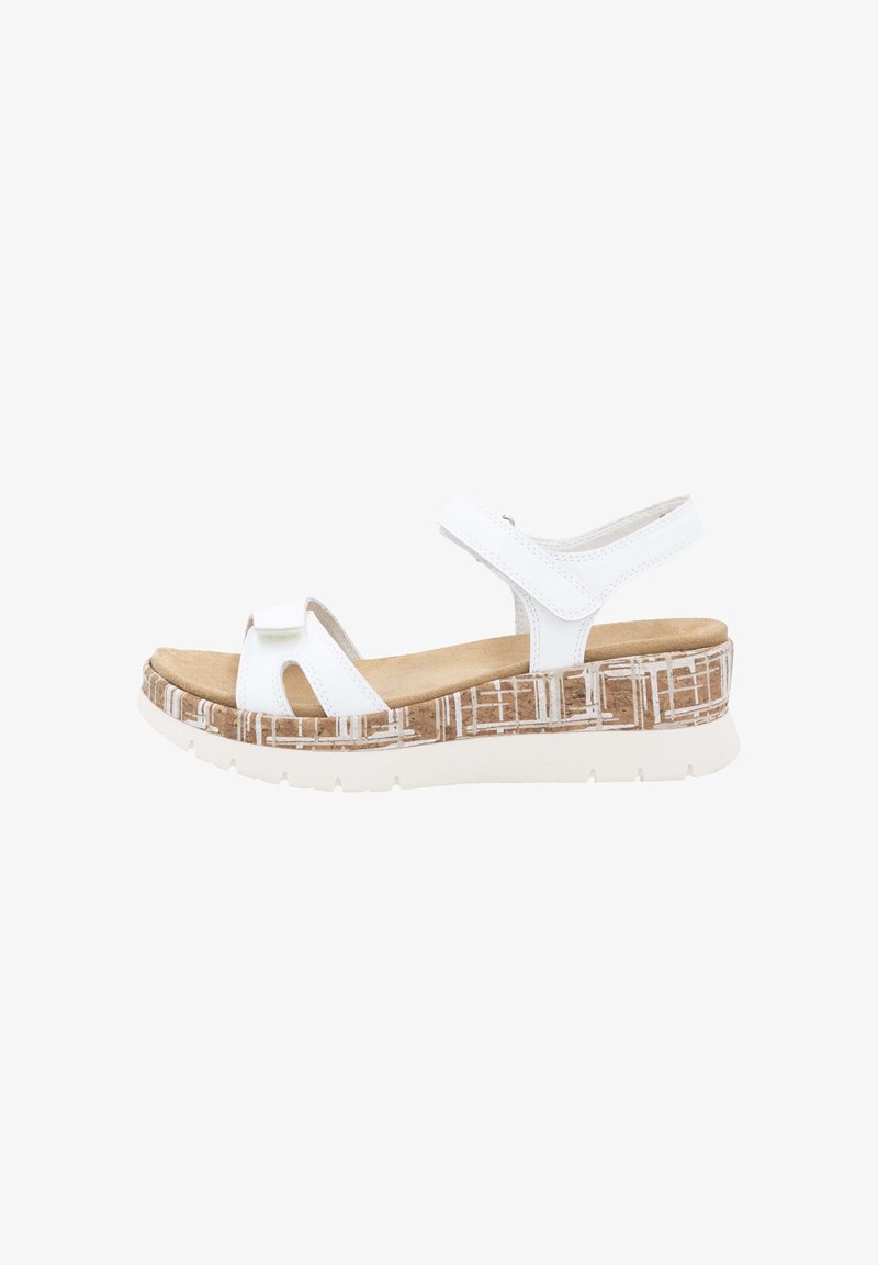 White sandal with two adjustable straps, a textured light brown and white patterned wedge sole, and a cushioned footbed.