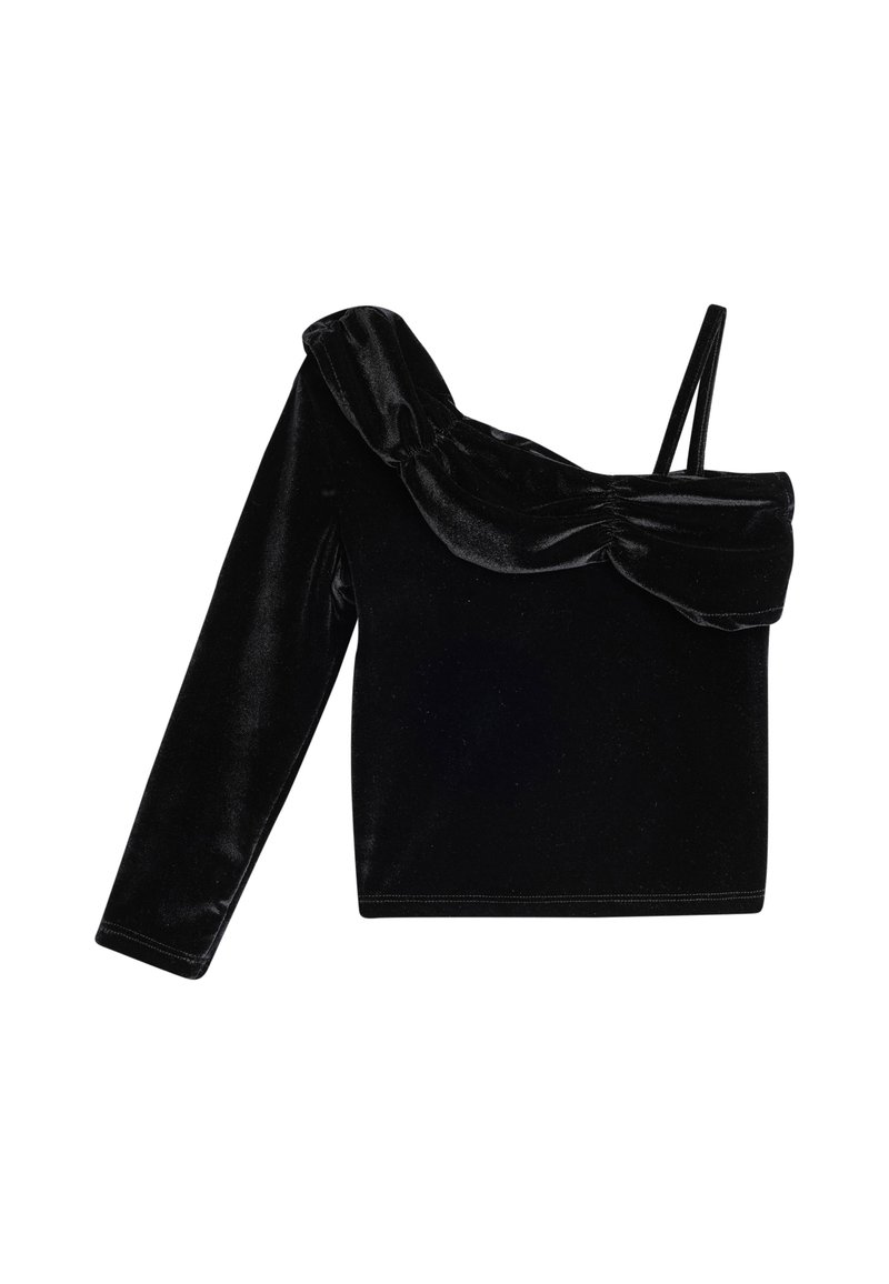 Schwarzes Samtoberteil mit Off-Shoulder-Design, einem langen Ärmel und Raffung am Ausschnitt. Glatte Textur und figurbetonte Passform.