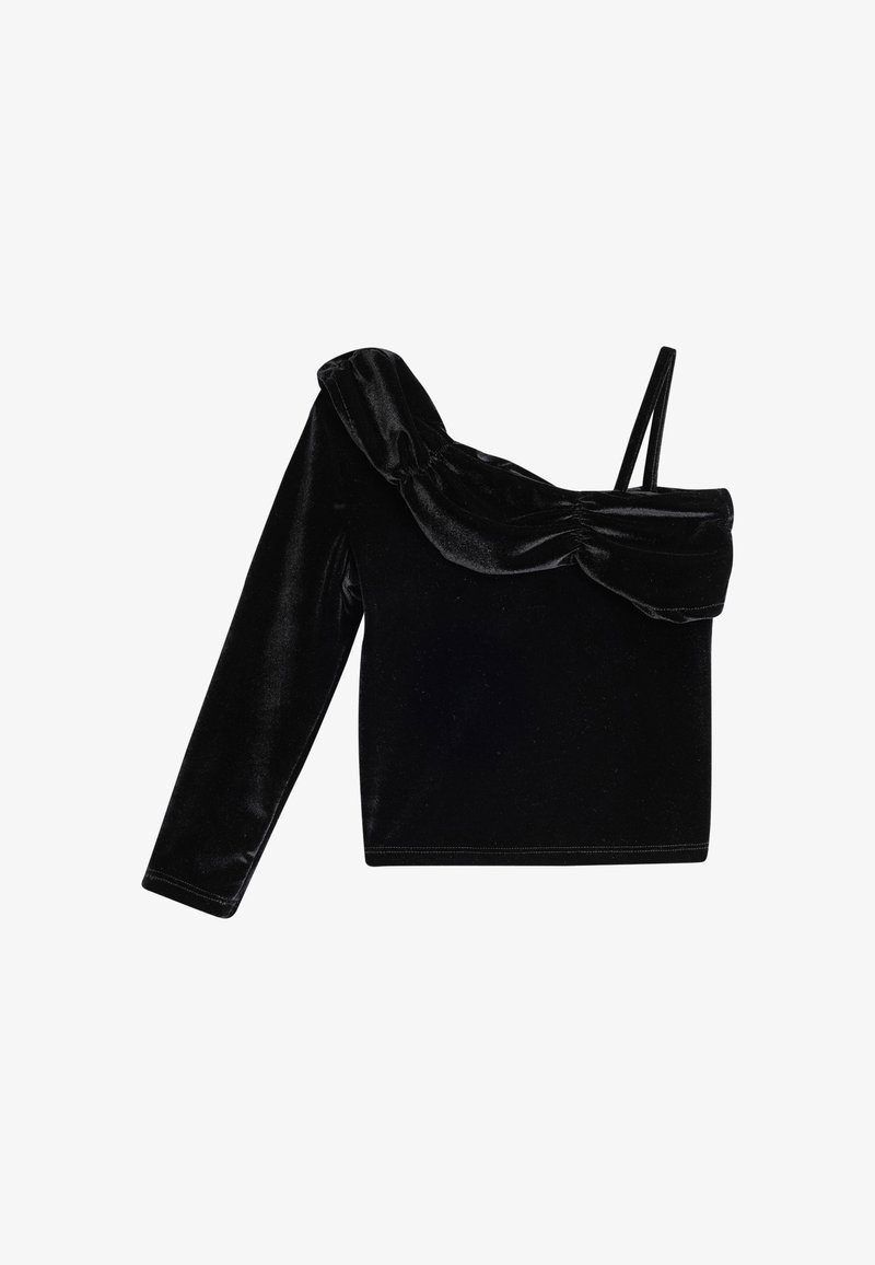 Schwarzes Samtoberteil mit Off-Shoulder-Design, einem langen Ärmel und Raffung am Ausschnitt. Glatte Textur und figurbetonte Passform.