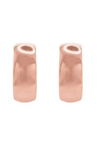 Roségoldene Creolen mit polierter Oberfläche, die eine abgerundete Form und eine glatte Textur aufweisen. Jede Ohrringe hat eine kreisförmige Öffnung.