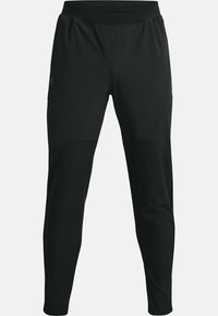 Svarta slim-fit träningsbyxor med elastisk midja och subtila sydda knäpaneler, designade för prestanda och komfort.