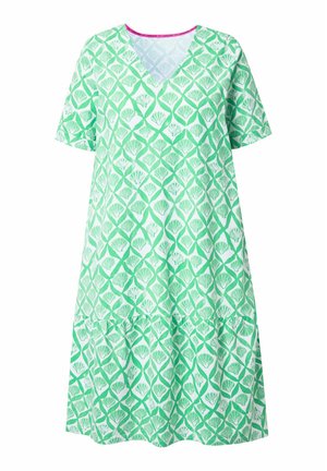 Vestido verde de cuello en V con mangas cortas y un patrón de hojas. Confeccionado en tejido ligero, presenta un dobladillo escalonado y un detalle de escote en contraste.