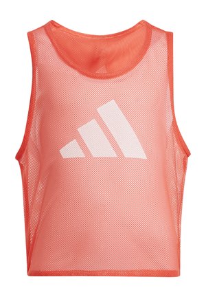 Korallorange mesh-ærmeløs sportsvest med hvidt Adidas-logo centreret foran, designet til atletisk brug.