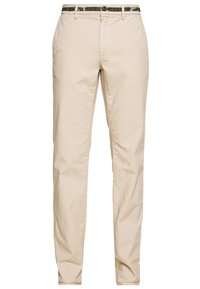 Beige cotton trousers with a straight-leg cut, featuring a camouflage-patterned belt, front pockets, and a smooth texture.