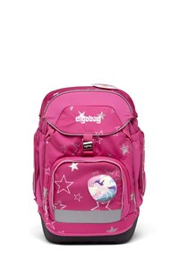 Rosa Rucksack mit silbernen Sternmustern, runder Form, mehreren Fächern, reflektierenden Akzenten und einem kreisförmigen Einhorn-Abzeichen auf der Vorderseite.