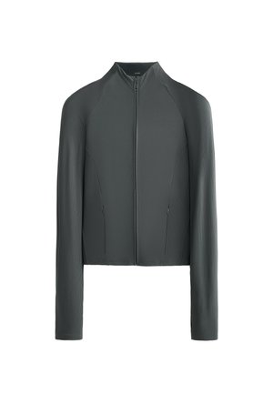 Grijze lange mouwen jas van ribbelstof, met een rits aan de voorkant, zijzakken en een aansluitend ontwerp. Gladde textuur met subtiele details.