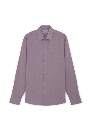 Camicia a maniche lunghe a righe in bordeaux e bianco. Colletto button-down, abbottonatura frontale e vestibilità regolare. Tessuto dalla consistenza fresca.