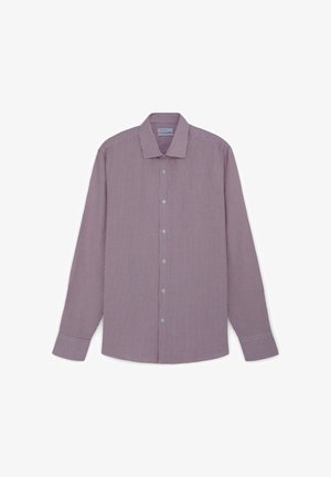 Camicia a maniche lunghe a righe in bordeaux e bianco. Colletto button-down, abbottonatura frontale e vestibilità regolare. Tessuto dalla consistenza fresca.