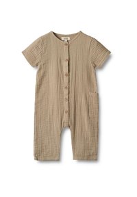 Beige short-sleeve baby romper with front buttons, textured fabric, round neckline, and a small pocket on the right side.