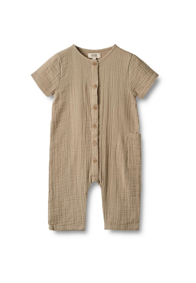 Beige short-sleeve baby romper with front buttons, textured fabric, round neckline, and a small pocket on the right side.