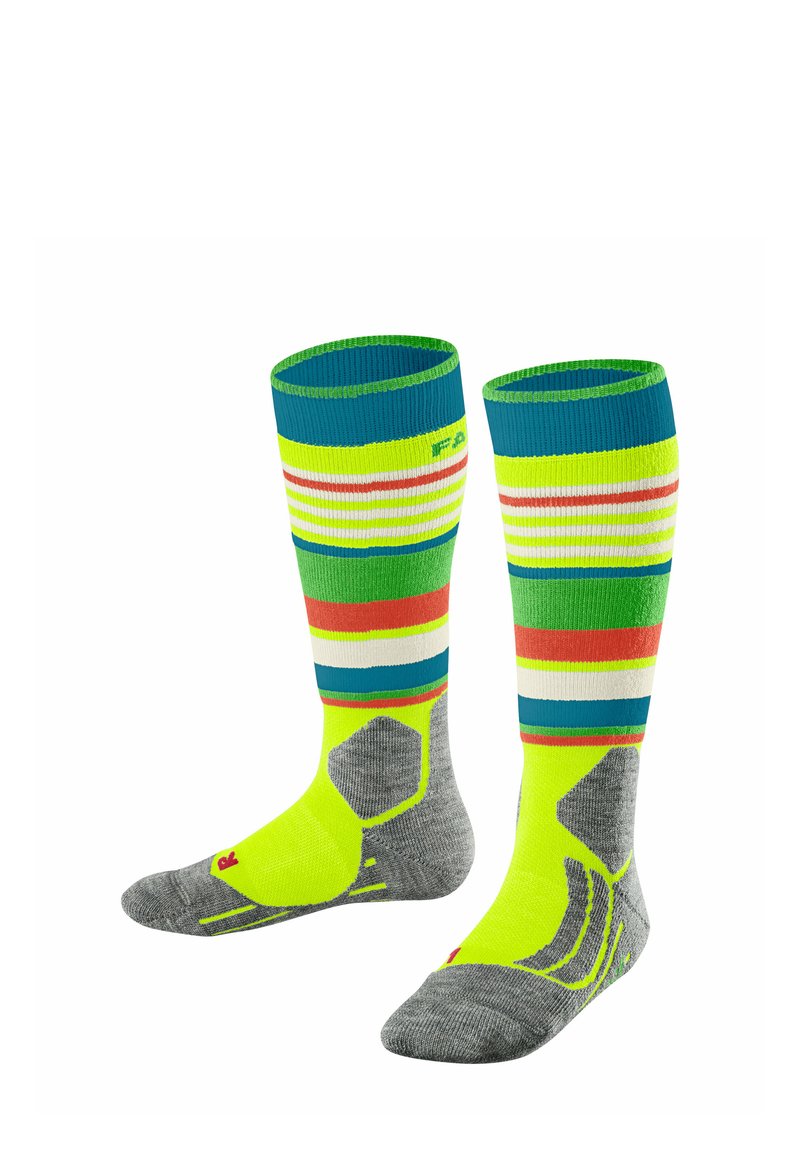 Calze al ginocchio dai colori vivaci, con strisce multicolori in verde, giallo e blu, dotate di punta e tallone grigi rinforzati per una maggiore durata.