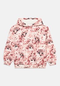 Lyserød hættebluse med et mønster af fluffy baby sneleoparder med sorte detaljer. Blødt stof, ribbede ærmer og åben hætte.