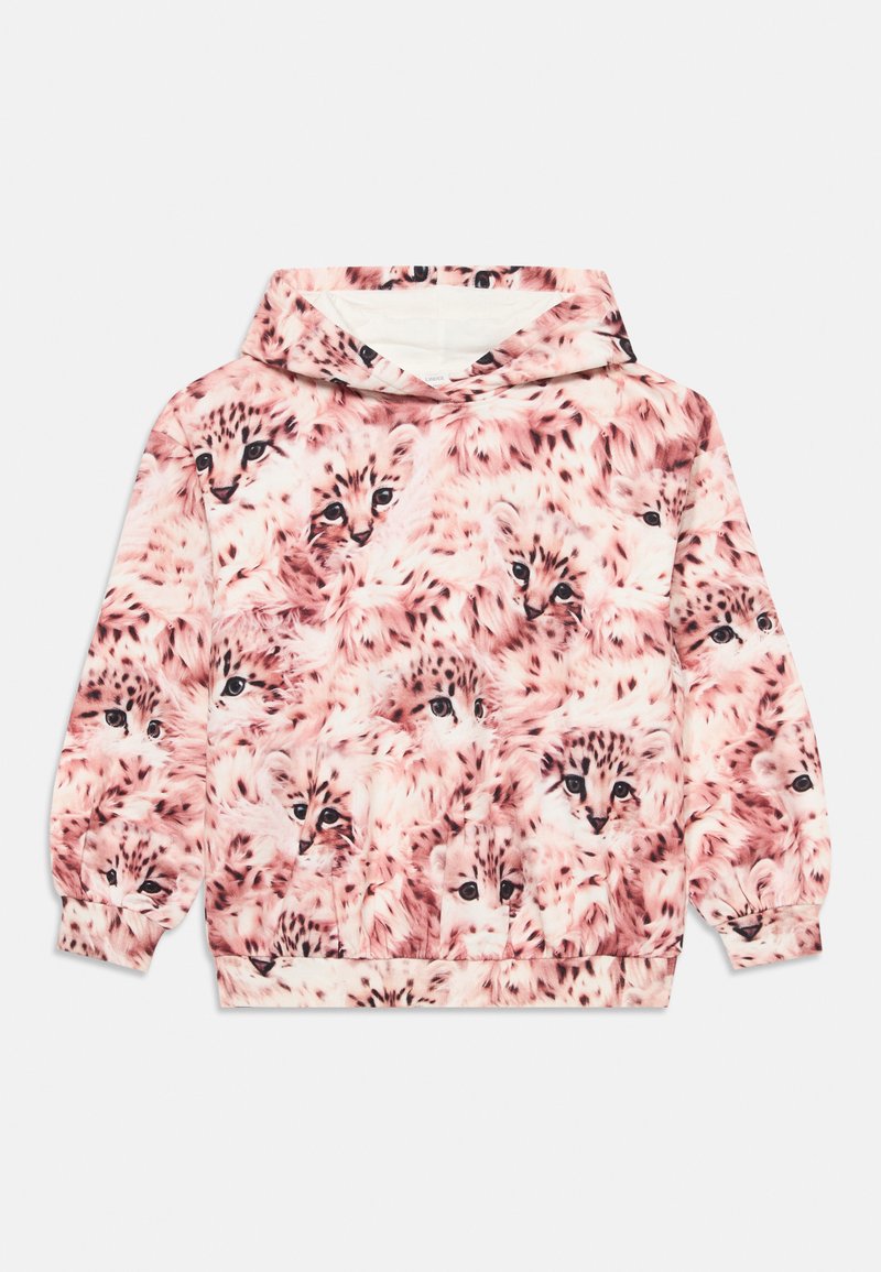 Lyserød hættebluse med et mønster af fluffy baby sneleoparder med sorte detaljer. Blødt stof, ribbede ærmer og åben hætte.