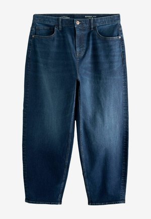 Jeans din denim de culoare albastru închis, cu croi conic, design cu cinci buzunare, ușoară decolorare și cusături contrastante. Fabricate din denim cu o textură netedă.