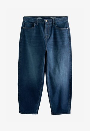 Tumedat sinised barrel-fit teksad viie taskuga disainiga, kerge fading ning kontrastsete õmblustega. Valmistatud siledast denimist.