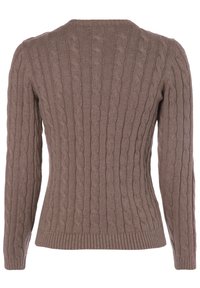 Ruskea pehmeä neulepaita, jossa on pitkät hihat, ribbiaukko ja helma. Sisältää kohokuvioituja kuvioita, joissa on kohotettuja kaapeleita ympäriinsä.