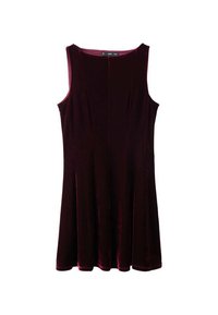 Rochie fără mâneci din catifea bordeaux, cu fustă evazată, având un decolteu rotund și o textură netedă. Design simplu, fără modele sau accente.