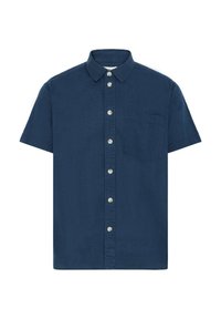 Camisa de botones de manga corta en algodón azul marino. Cuenta con un único bolsillo en el pecho y un cuello estructurado con botones de color claro.