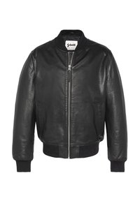 Schwarze Lederbomberjacke mit Reißverschluss vorne, geripptem Kragen und Manschetten, Seitentaschen und glatter Textur. Kontraststoff am Saum.