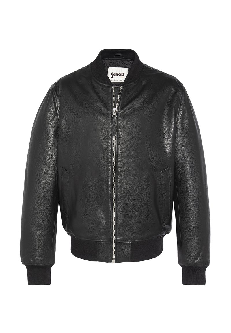 Schwarze Lederbomberjacke mit Reißverschluss vorne, geripptem Kragen und Manschetten, Seitentaschen und glatter Textur. Kontraststoff am Saum.