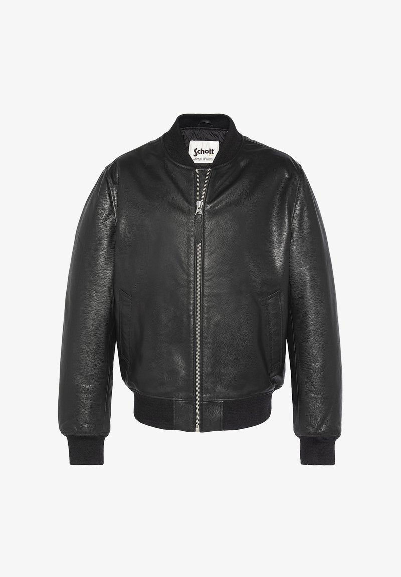 Schwarze Lederbomberjacke mit Reißverschluss vorne, geripptem Kragen und Manschetten, Seitentaschen und glatter Textur. Kontraststoff am Saum.
