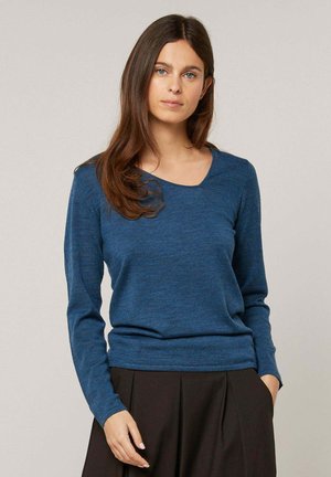 Vrouw met lang bruin haar draagt een blauw shirt met lange mouwen en een zwarte rok, staat tegen een effen lichte achtergrond.