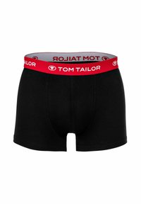 Boxer shorts neri in cotone con una vestibilità aderente, dotati di un elastico rosso in vita con il marchio "TOM TAILOR" in bianco.