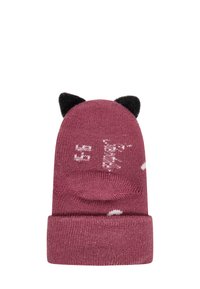 Knitted beanie in dark pink with black cat ears, featuring a ribbed cuff and white decorative patterns across the fabric.