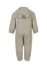 Hellbeiger Fleece-Einteiler mit einer abgerundeten Kapuze, die zwei Bommel hat, sowie mit eingefassten Ärmeln und Hosenbeinen. Weiches, strukturiertes Material, für Wärme entworfen.