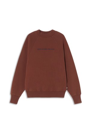 Brauner Sweatshirt mit Raglanärmeln und Rundhalsausschnitt. Mit dem gestickten Text "HERE COMES THE SUN" in Marineblau. Weicher Stoff.