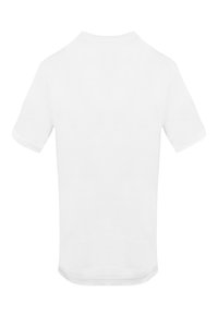 Maglietta bianca a maniche corte vista dal retro, con collo rotondo e vestibilità regolare.