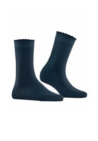 Granatowe skarpetki z teksturowanym diamentowym wzorem, falbankowymi ściągaczami i gładkim wykończeniem, zaprojektowane z myślą o komforcie i stylu.