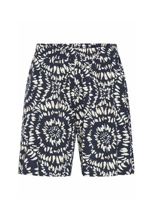 Granatowe szorty z białym, abstrakcyjnym wzorem kwiatowym, elastyczny pas, lekki materiał i luźny krój, idealne do codziennego noszenia.