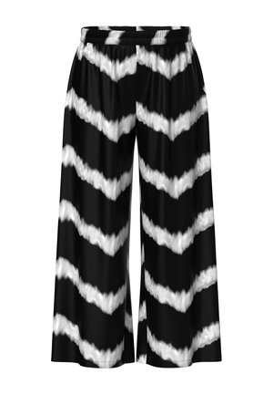 Schwarze Hose mit weitem Bein, elastischem Bund und weißem Zickzack-Tie-Dye-Muster durchgehend.