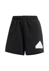 Pantalones cortos deportivos negros hechos de una tela suave, con una cintura elástica y un acento de logo blanco en el lado izquierdo. Diseño simple, sin bolsillos.