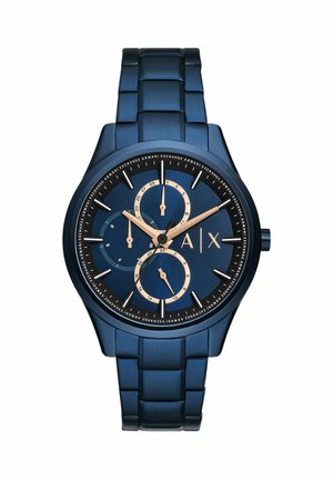Niebieski zegarek na rękę Armani Exchange z metalową bransoletą, trzema złotymi subtarczami wskazującymi datę, dzień oraz czas w formacie 24-godzinnym, oraz złotymi znacznikami godzin i wskazówkami.