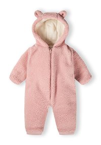 Combinaison en polaire rose avec fermeture éclair à l'avant, capuche ornée d'oreilles d'ours et doublure douce. Les poignets et l'ourlet sont côtelés pour un ajustement parfait.