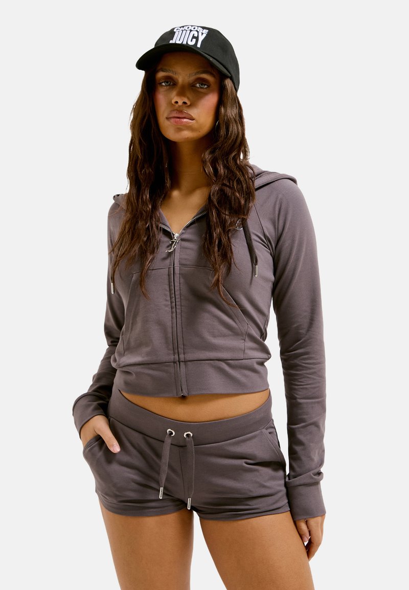 Gray cropped hoodie with zipper and front pockets paired with matching shorts. Both made from soft fabric, featuring drawstrings and silver hardware.